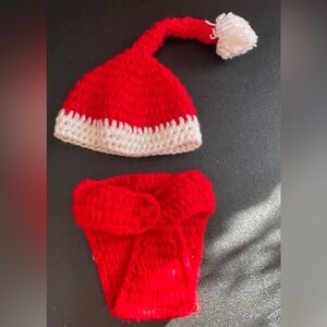 Red and White Crochet Baby Hat and Diaper Cover Set for newborn photosesion